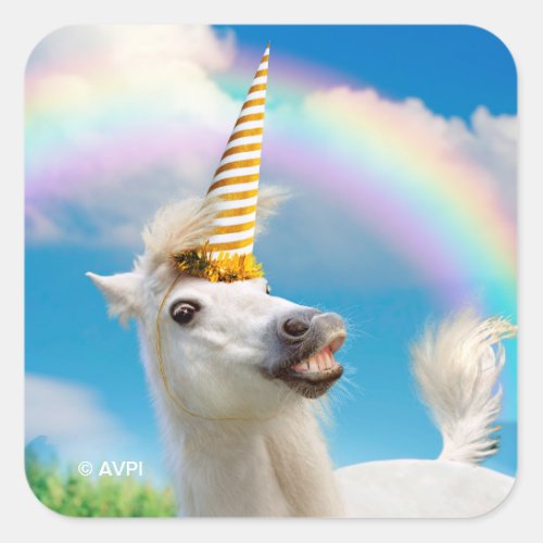 Party Unicorn Horse And Rainbow Square Sticker