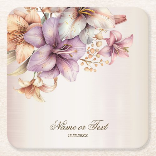 Party Watercolor Boho Pink Flowers Elegant Square Paper Coaster