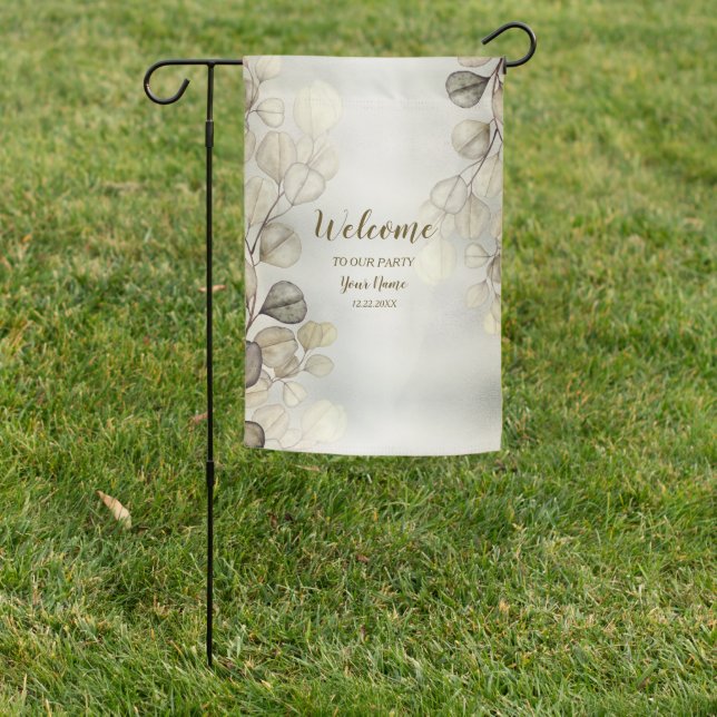 Party Watercolor Golden Eucalyptus Foliage Shiny Garden Flag (In SItu)
