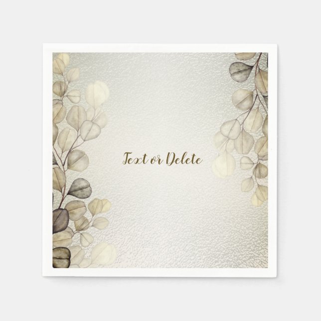Party Watercolor Golden Eucalyptus Foliage Shiny Napkins (Front)