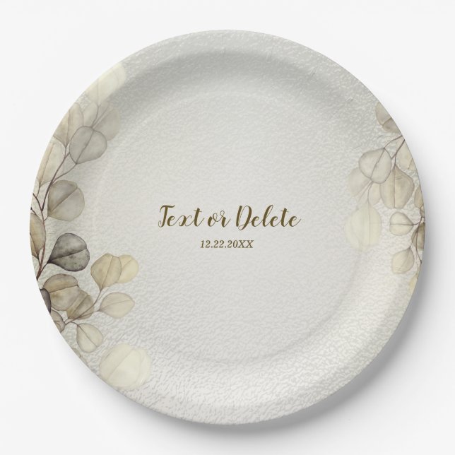 Party Watercolor Golden Eucalyptus Foliage Shiny Paper Plates (Front)