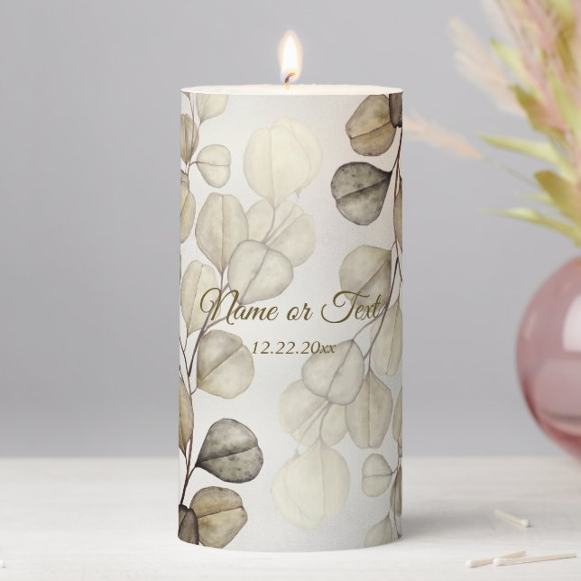 Party Watercolor Golden Eucalyptus Foliage Shiny Pillar Candle (In Situ)
