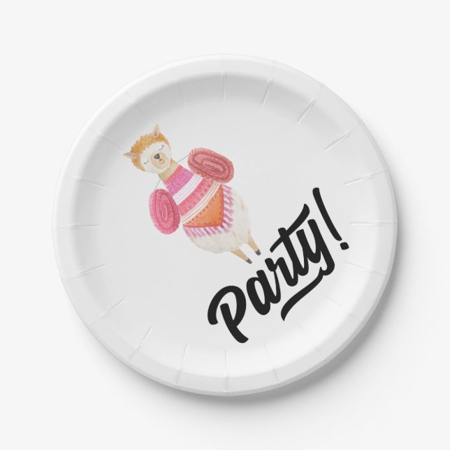 Party! Watercolor Llama Paper Plates (Front)