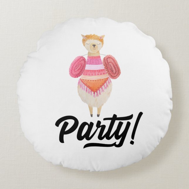 Party! Watercolor Llama Round Pillow (Front)