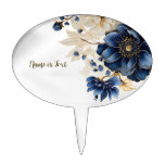Party Watercolor Navy Blue White Golden Floral Cake Topper