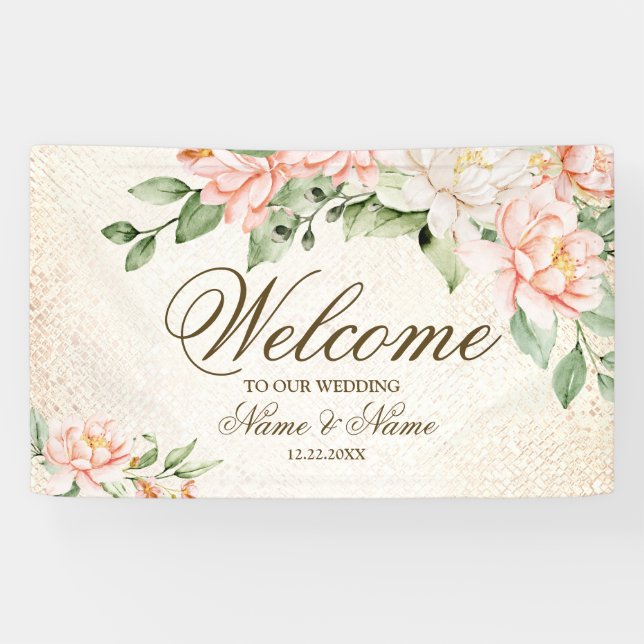 Party Watercolor Peach White Flowers Elegant Banner (Horizontal)