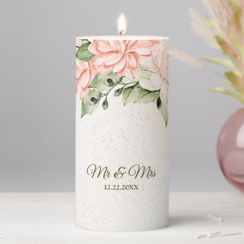  Party Watercolor Peach White Flowers Elegant Pillar Candle