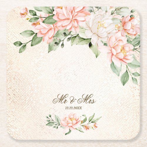 Party Watercolor Peach White Flowers Elegant Square Paper Coaster