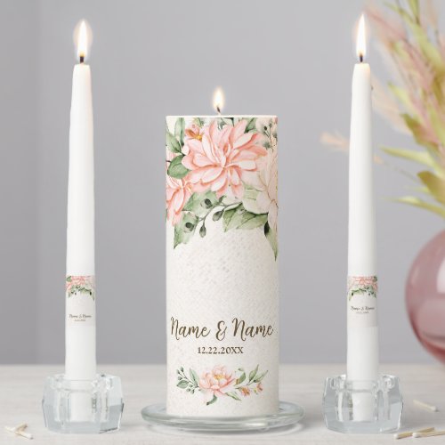  Party Watercolor Peach White Flowers Elegant Unity Candle Set