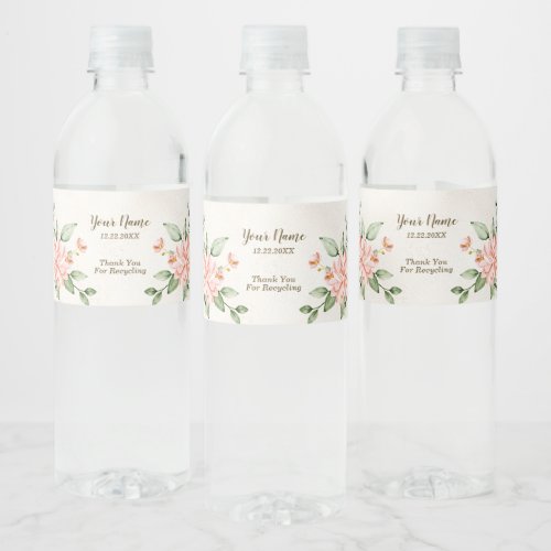  Party Watercolor Peach White Flowers Elegant Water Bottle Label