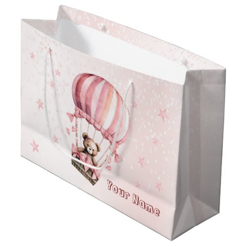 Party Watercolor Pink Teddy Bear Hot Air Balloon Large Gift Bag