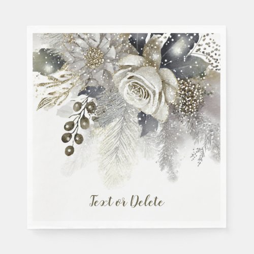 Party Watercolor Silver Golden White Roses Flowers Napkins