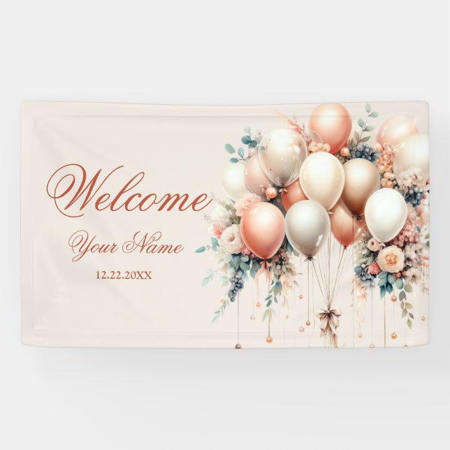 Party Welcome Colorful White Peach Floral Balloons Banner (Horizontal)
