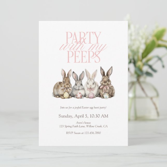 Party With My Peeps Easter Egg Hunt Bunny Kids Invitation (Standing Front)