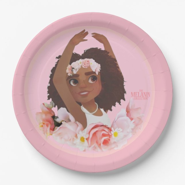 Party With Tash | Ballerina African American Girl Paper Plates (Front)