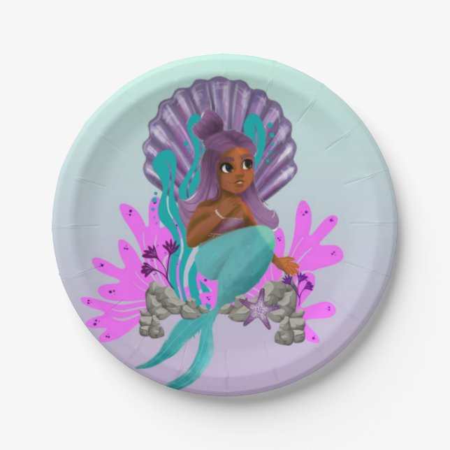 Party With Tash | Mermaid African American Girl Paper Plates (Front)