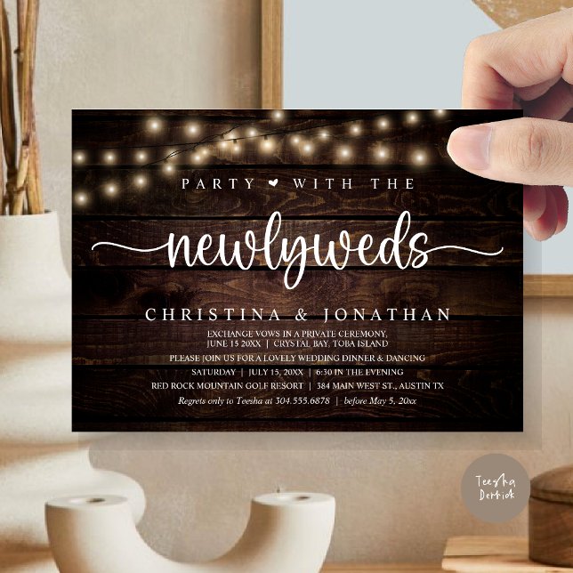 Party With The Newlyweds, Rustic Wedding Dinner Invitation (Party With The Newlyweds, Rustic Wedding Dinner Invitation card, pdf, in cottage dark wood)