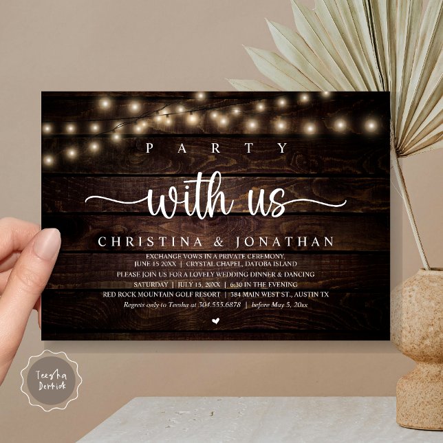 Party with us, Rustic Wedding Dinner Elopement Invitation (Party with us, Rustic Wedding Dinner Elopement Invitation card, pdf, in cottage dark wood)