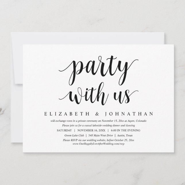 Party With Us, Wedding Elopement Dinner Dancing Invitation (Front)