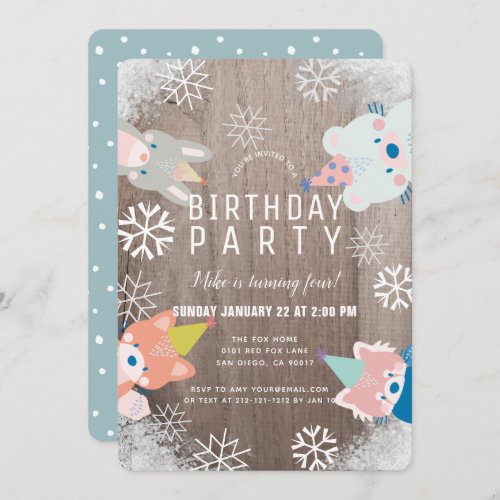 Party Woodland Animals Snowflakes Blue Birthday Invitation