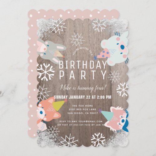 Party Woodland Animals Snowflakes Pink Birthday Invitation