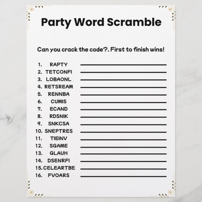 Party Word Scramble – Printable Game Letterhead (Front)