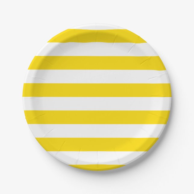 Party Yellow White Striped Modern Template Round Paper Plates (Front)