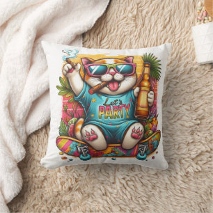 Partying cat on a skateboard with a tropical vibe throw pillow