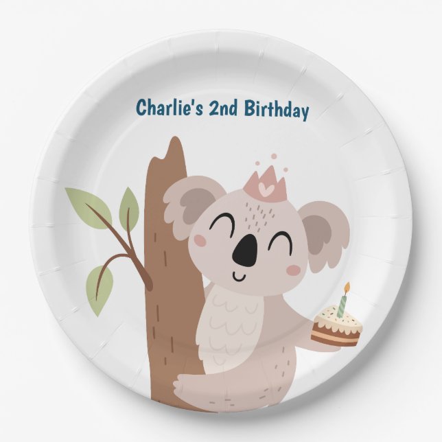Pary animal, Koala with birthday cake Paper Plates (Front)