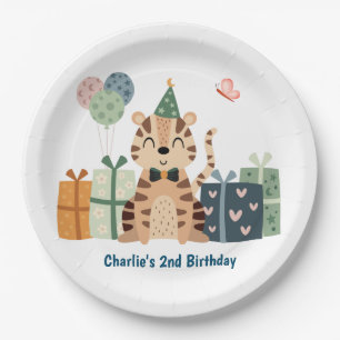 Pary animal, Tiger with gifts and party hat Paper Plates