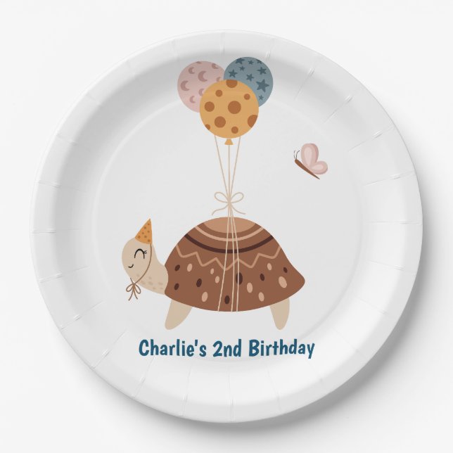 Pary animal, Turtle with balloons and party hat Paper Plates (Front)
