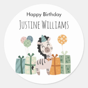 Pary animal, zebra with gifts and balloons classic round sticker