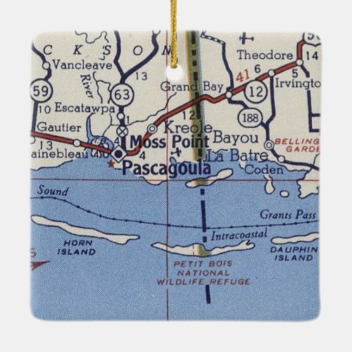 Pascagoula MS Vintage Map Ceramic Ornament