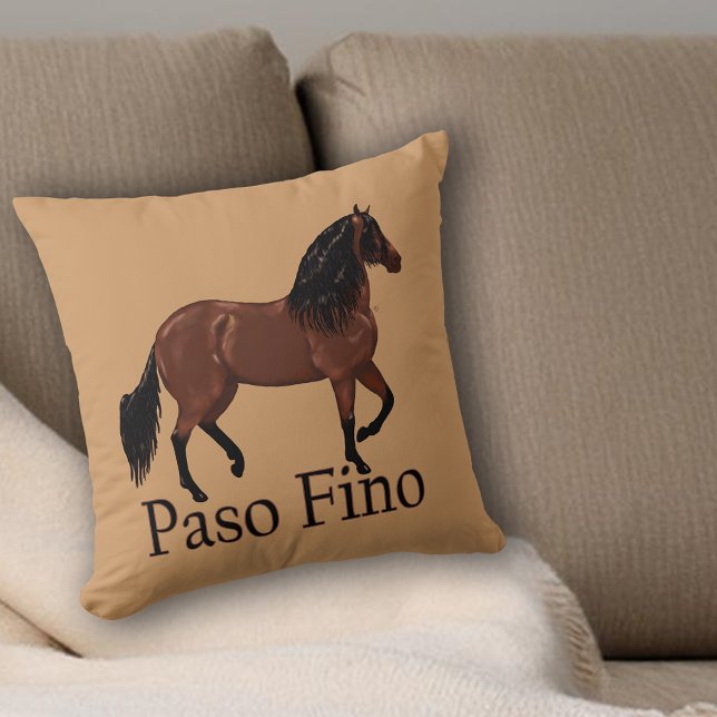Paso Fino Horse Illustration Equestrian Throw Pillow (Tan throw pillow with illustrated Paso Fino horse and bold text, rustic equestrian home décor accent)