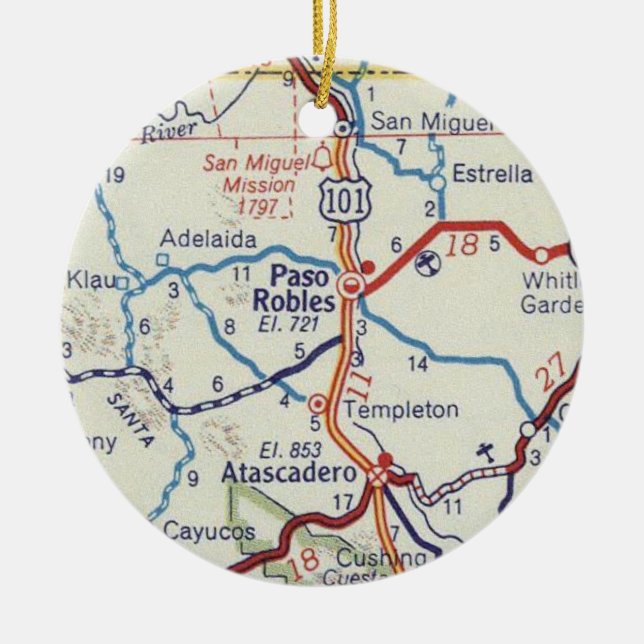 Paso Robles CA Vintage Map Ceramic Ornament (Front)