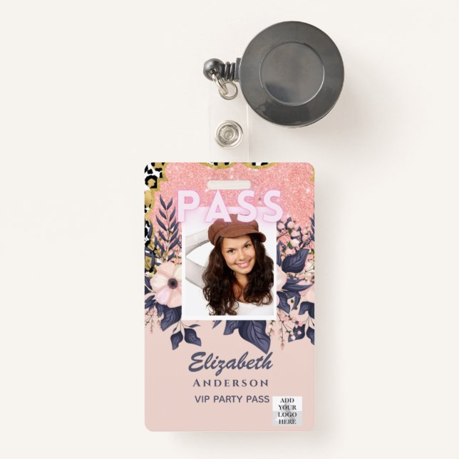 PASS Photo ID - Girly Flowers Glitter Trending Badge (Front with Retractable)