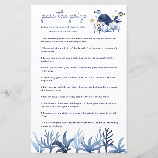 Pass Prize Baby Shower Game Under the Sea Whale Zazzle