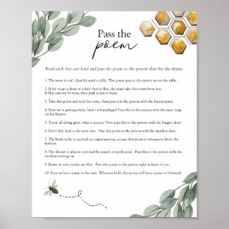 Pass the Poem Baby Shower Game Bee and Eucalyptus  Poster