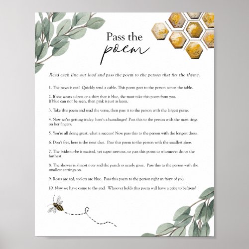 Pass the Poem Bridal Shower Bee  Eucalyptus Game  Poster