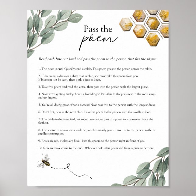 Pass the Poem Bridal Shower Bee & Eucalyptus Game  Poster (Front)