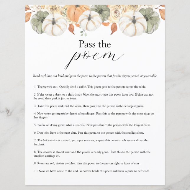 Pass the Poem Bridal Shower game (Front)
