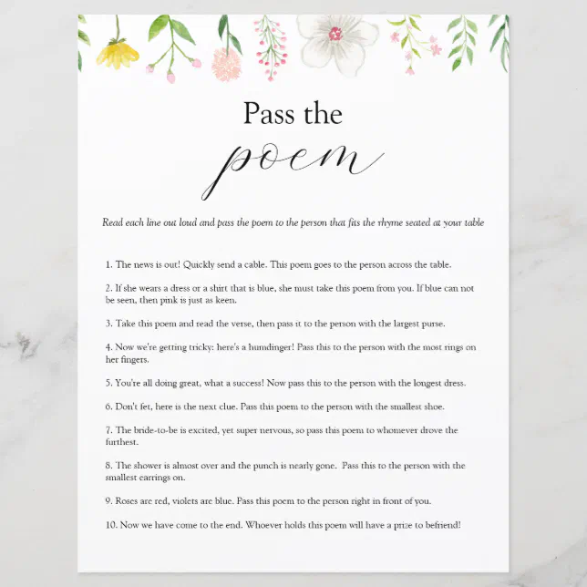Pass the Poem Bridal Shower game | Zazzle