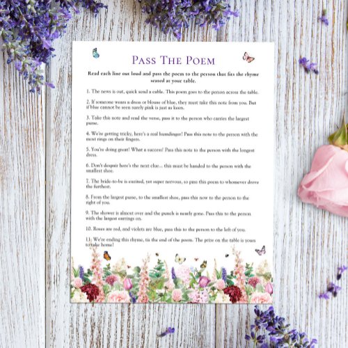 Pass The Poem Floral Butterfly Bridal Shower Game