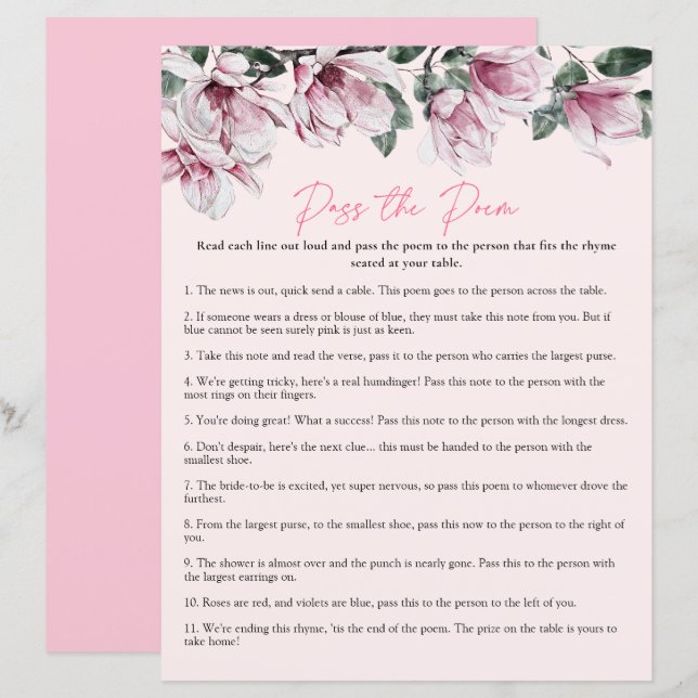 Pass the Poem | Pink Floral Bridal Shower Game (Front/Back)