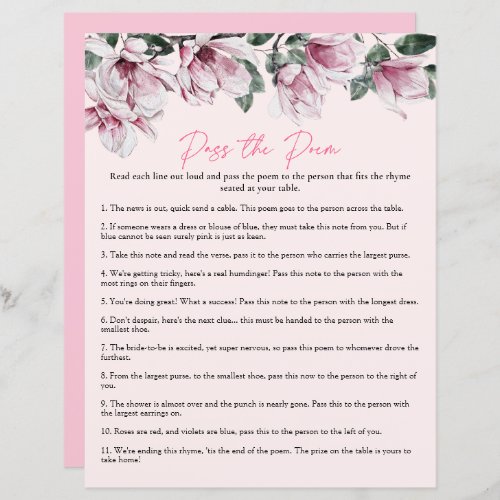 Pass the Poem  Pink Floral Bridal Shower Game