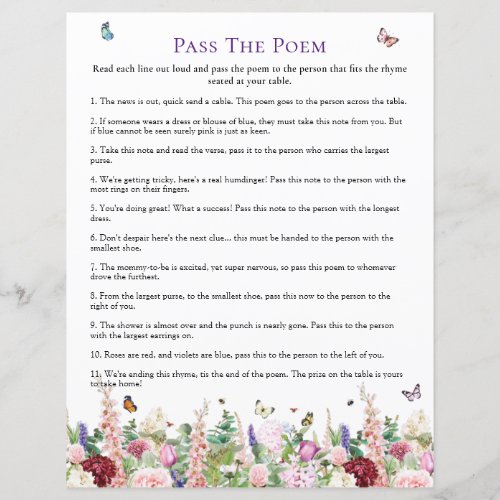 Pass The Poem  Pink Purple Floral Baby Shower