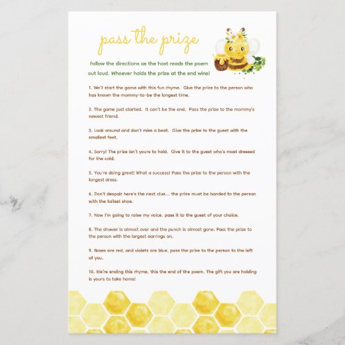 Pass the prize baby shower game _ bee honey