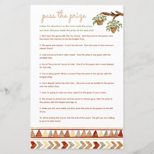 Pass the prize baby shower game Boho Rainbow