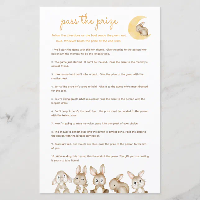 Pass the Prize Baby Shower Game - Bunny Rabbit | Zazzle