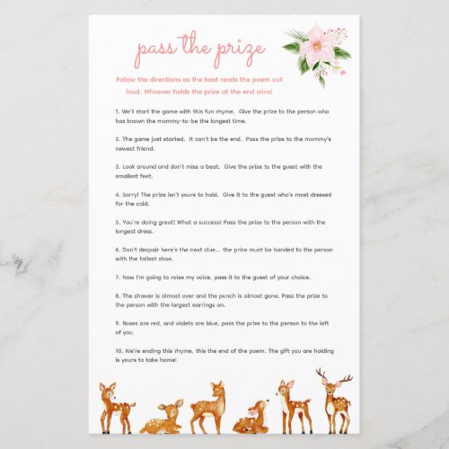 Pass the Prize Baby Shower Game Pink Floral Deer